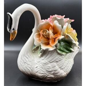 Vtg Capodimonte Italy Swan Centerpiece Porcelain Flowers Figurine BEAUTIFUL!